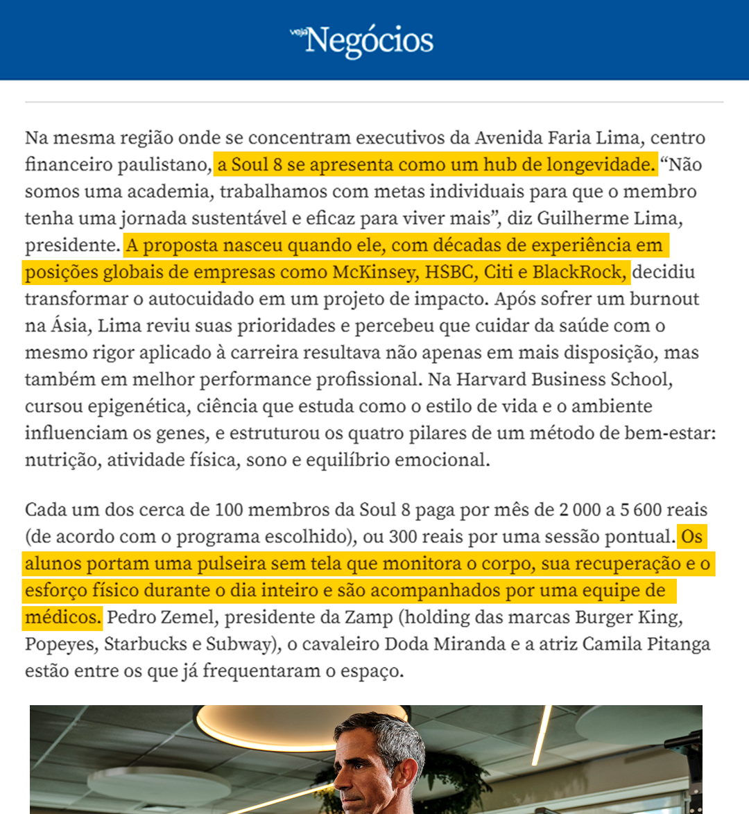 Matéria Veja Negócios: A Soul 8 se apresenta como um hub de longevidade